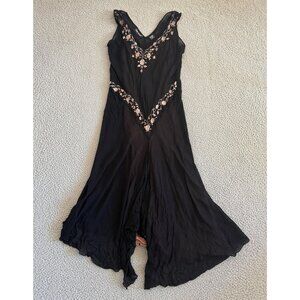 Y2K Slip Midi Dress Black Embroidered Fairy Grunge Whimsigoth Asymmetric